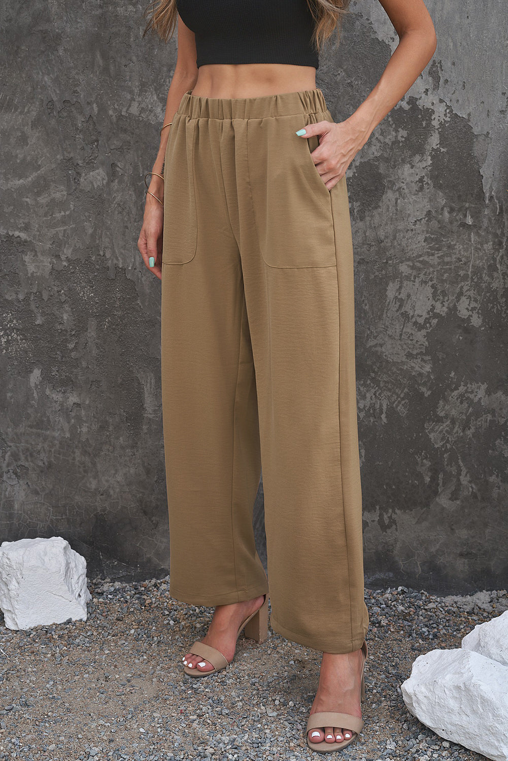 Elastic Waist Pocketed Wide Leg Pants