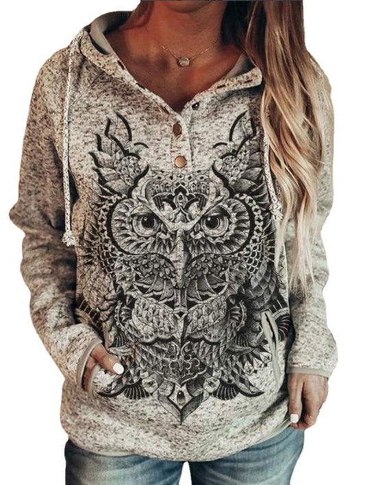 Owl Print Hooded Casual Loose Long Sleeve Women Trendy Sweater