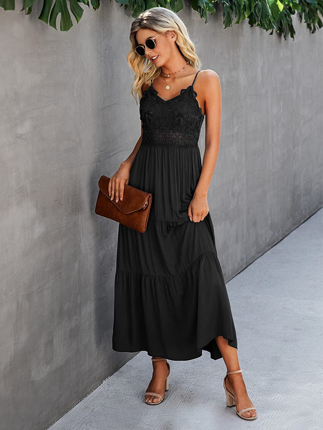 Women'S Beach Crochet Lace Maxi Dress Solid Color Summer Vacation Spaghetti Strap Long Dress 2023