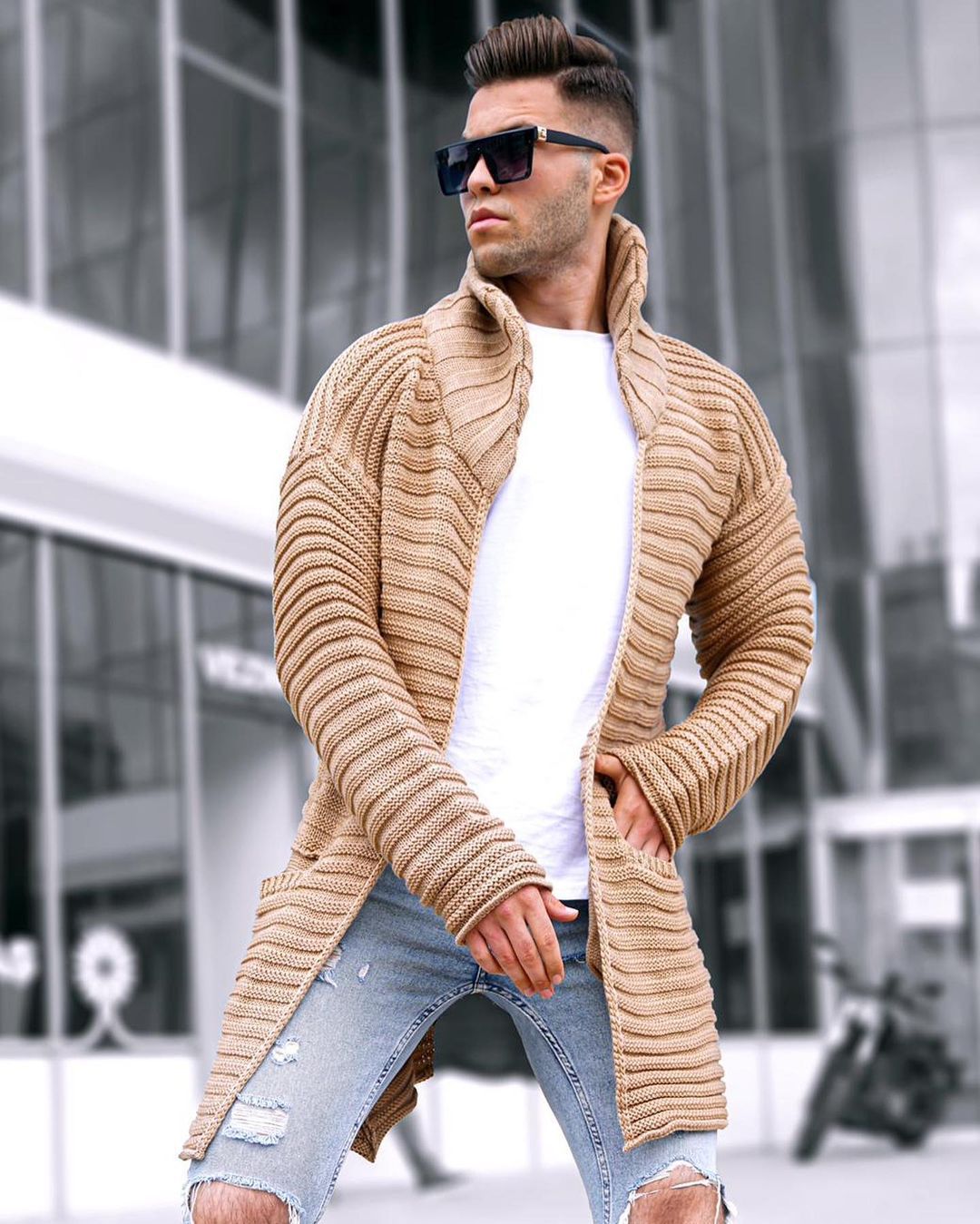 Knitted Sweater Ribbed Jacquard Solid Color Lapel Cardigan Windbreaker Sweater