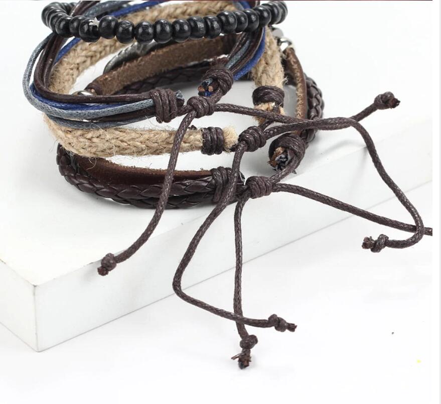 New Angel Wing Feather Alloy Multilayer Wood Bead Weaving Beaded Wax Rope Bracelet Star with Bracelet Jewelry