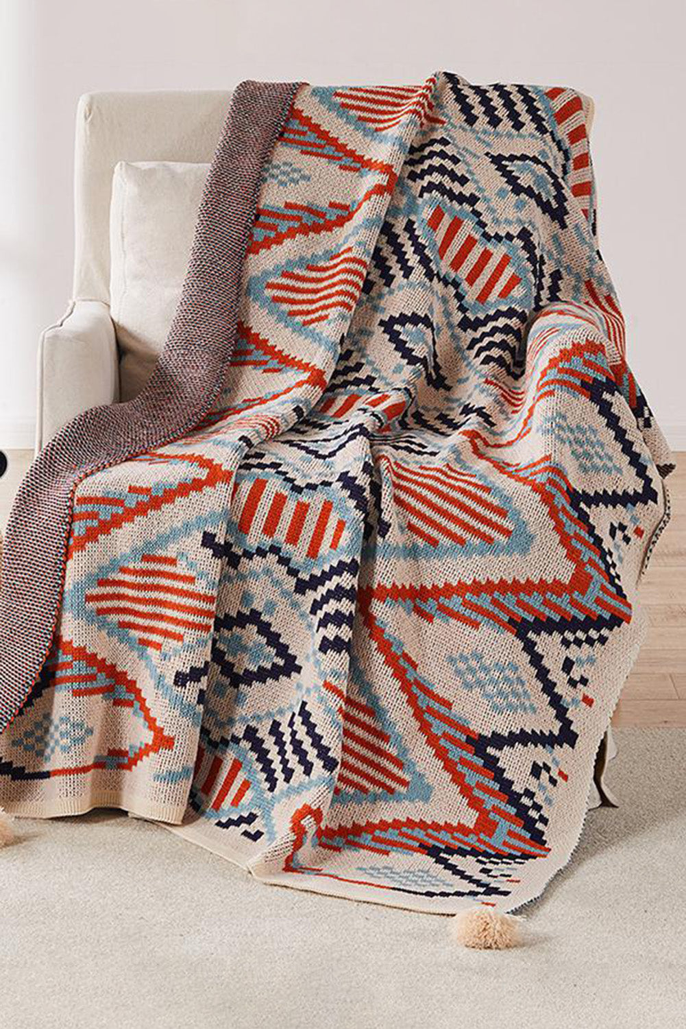Multicolor Geometric Knit Tassel Large Blanket 130*160cm