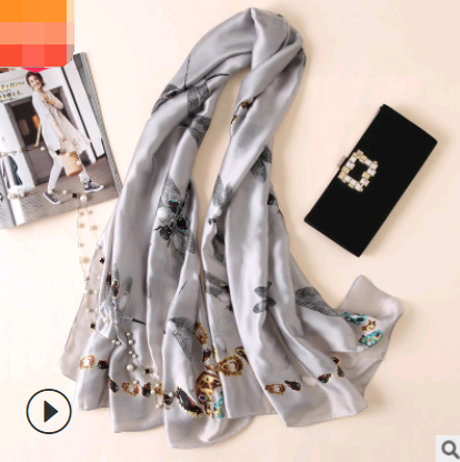 Spring, summer and autumn, new flowers, elegant and high-end artificial silk scarf, female decorative shawl, sunscreen beach towel