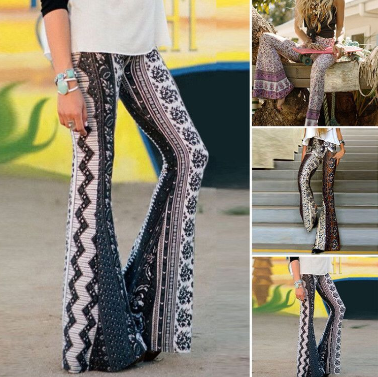 New large size boho print big trumpet pants