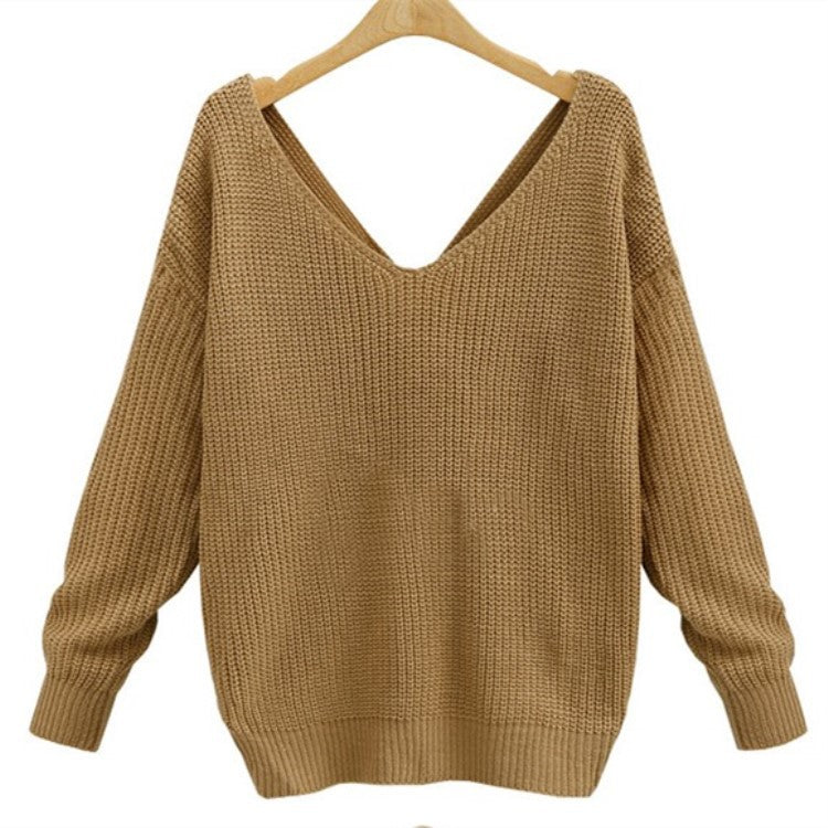Large neckline V-neck halter head retro solid color sweater two wearing bat sweater coat