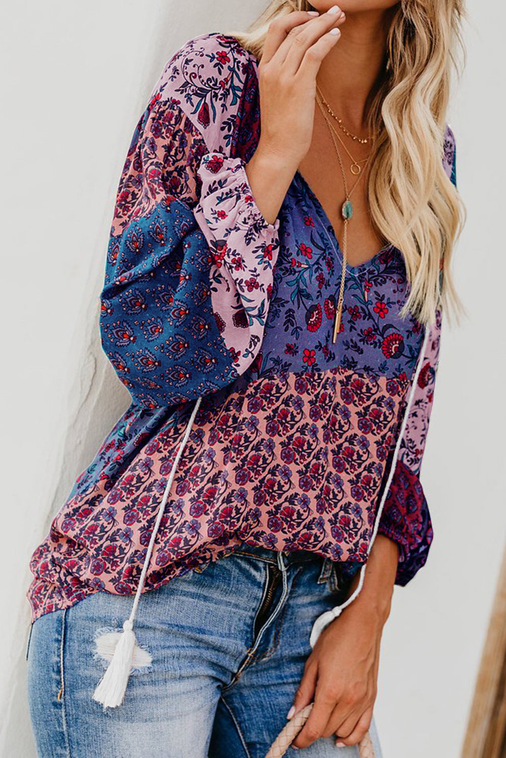 Multicolor Floral Print Peasant Blouse