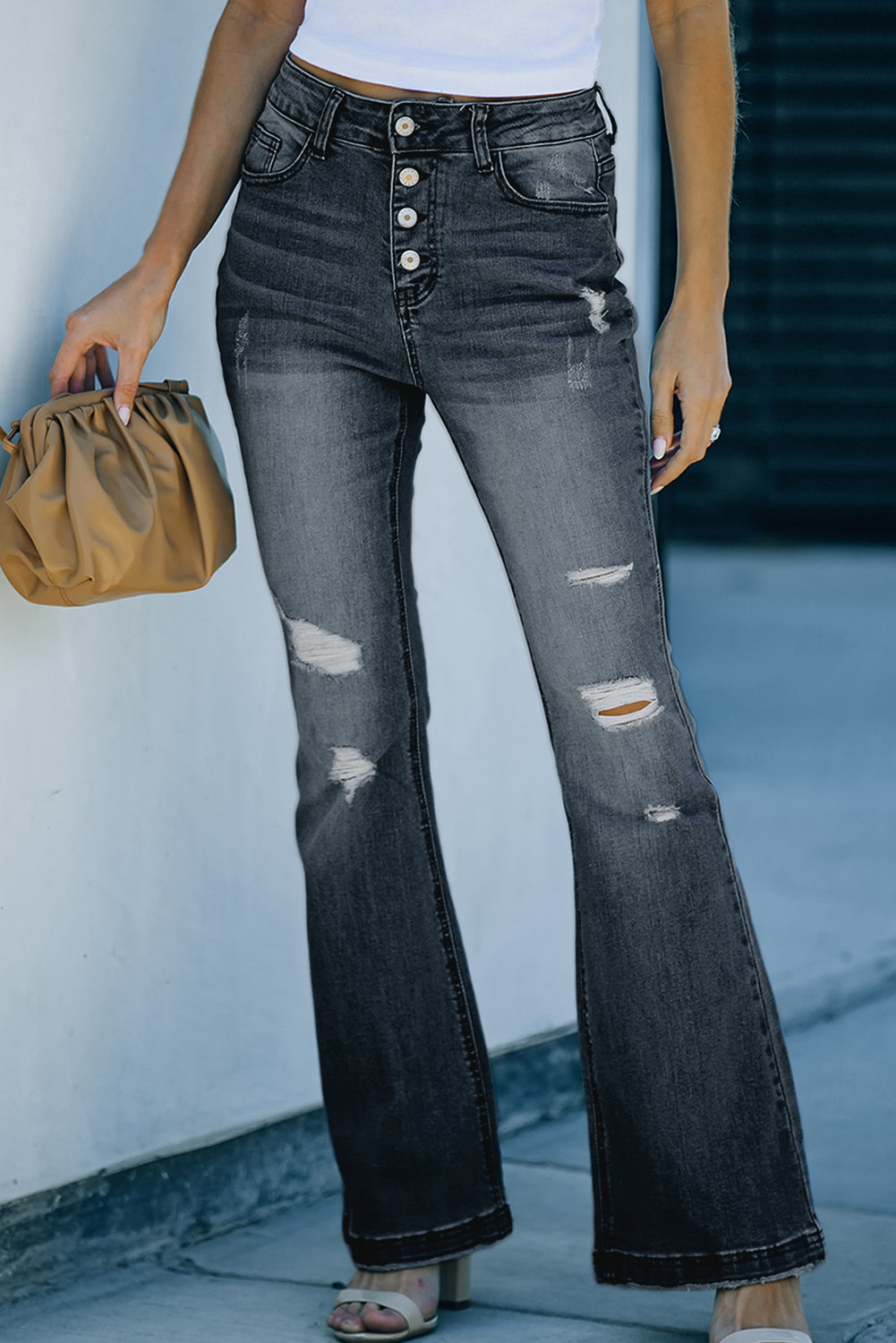 Dark Blue Mid Rise Button Front Flare Denim