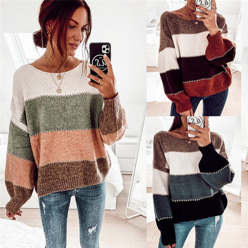 Knit Sweater Top Contrast Color Loose Bottoming Pullover