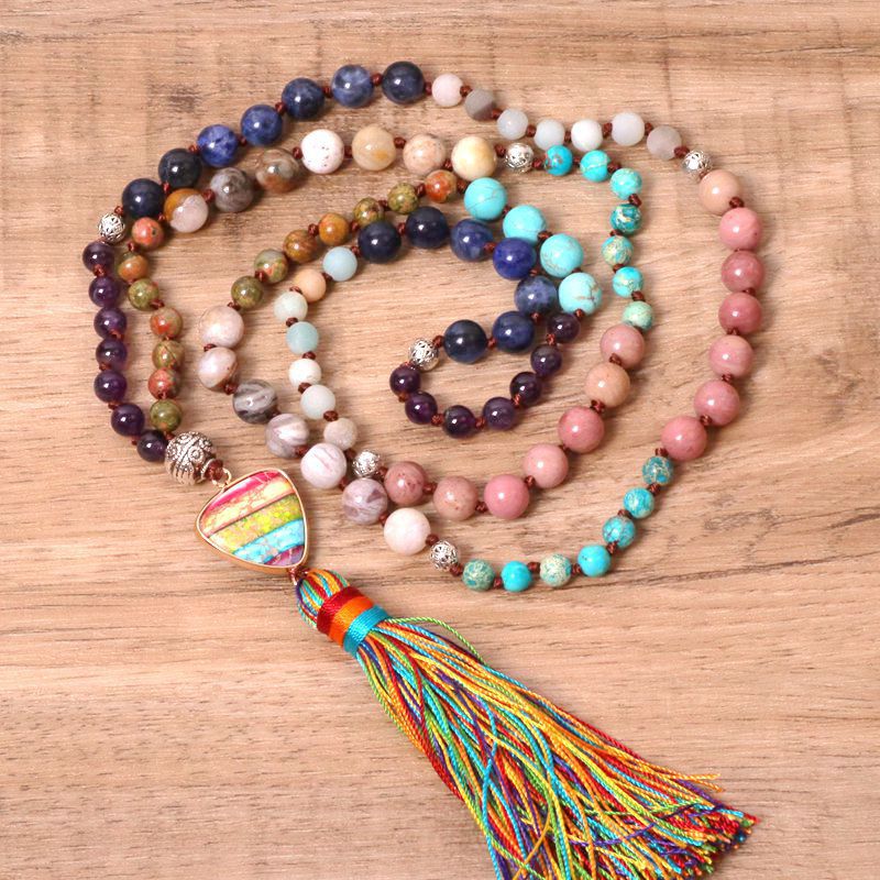Women's Boho Colorful Stone Pendant Tassel Necklace