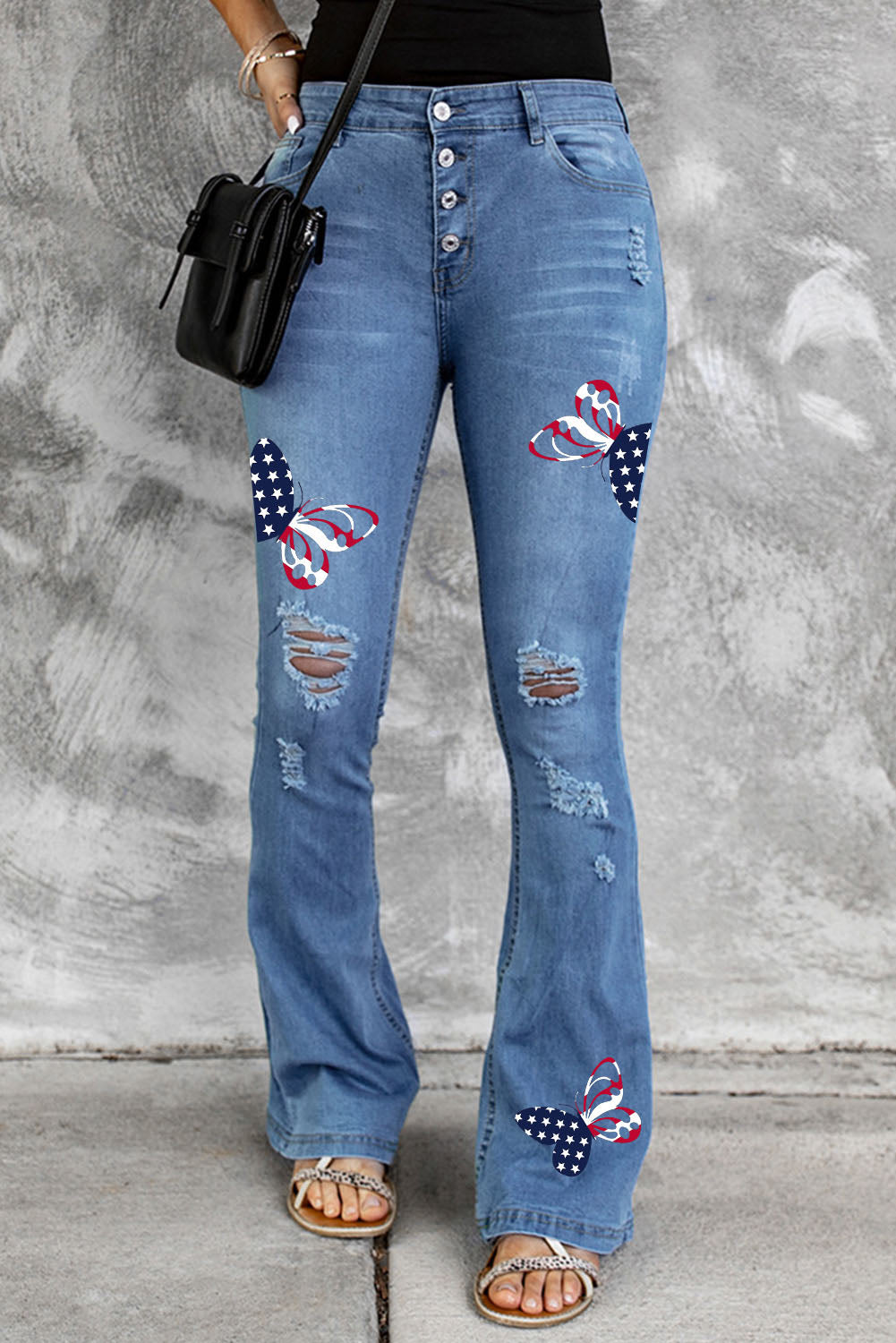Dark Blue Mid Rise Button Front Flare Denim