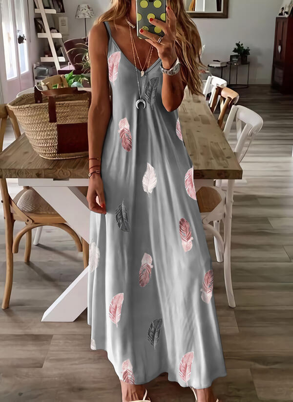 Sleeveless Slim-fit Feather Print Low-cut V-neck Strap Large Swing Dress