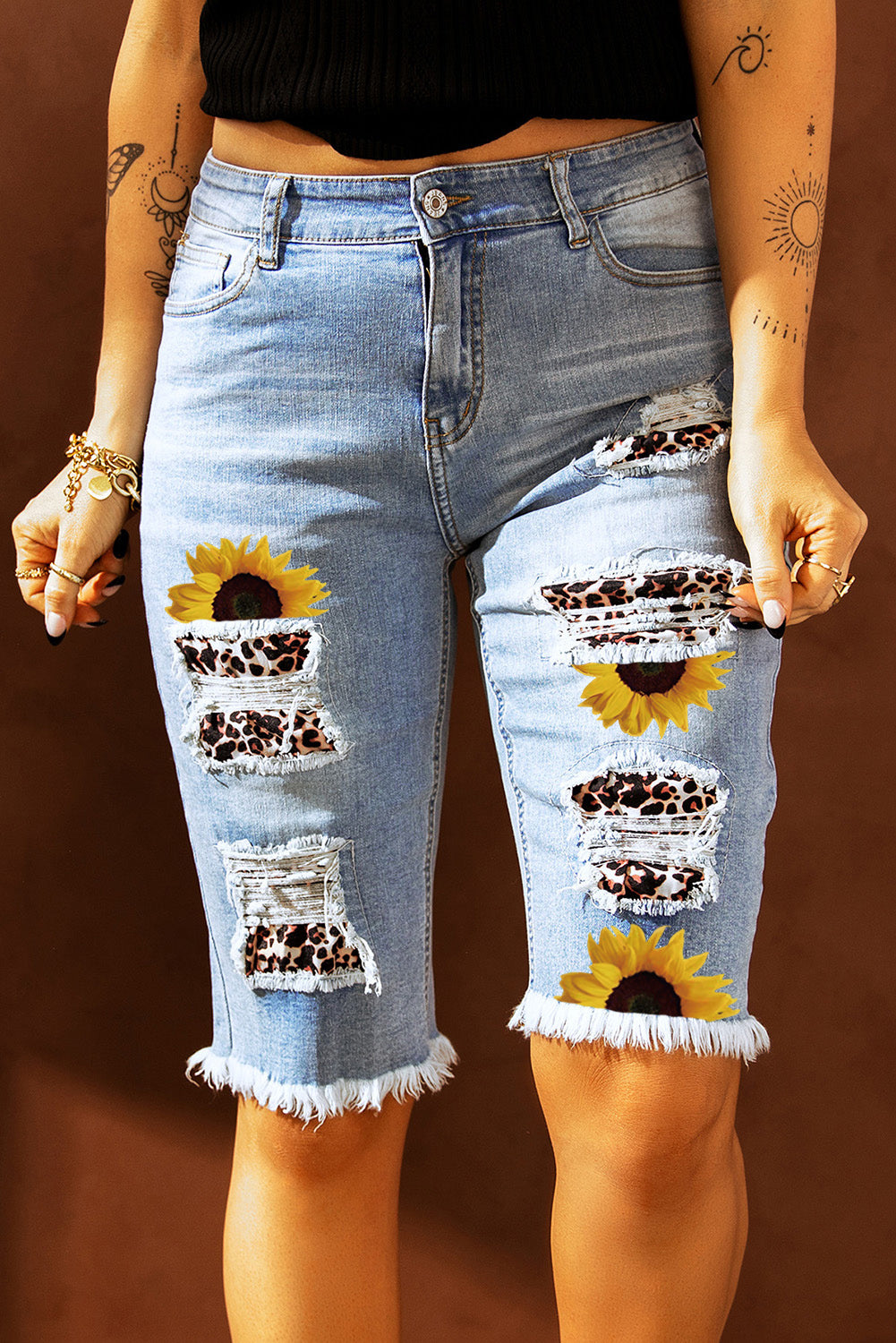 Mid-rise Ripped Camo Patches Denim Bermuda Shorts