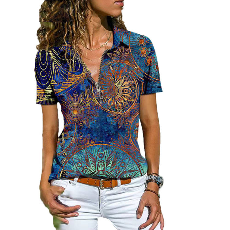 New Women's Boho Zip Short Sleeve T-Shirt