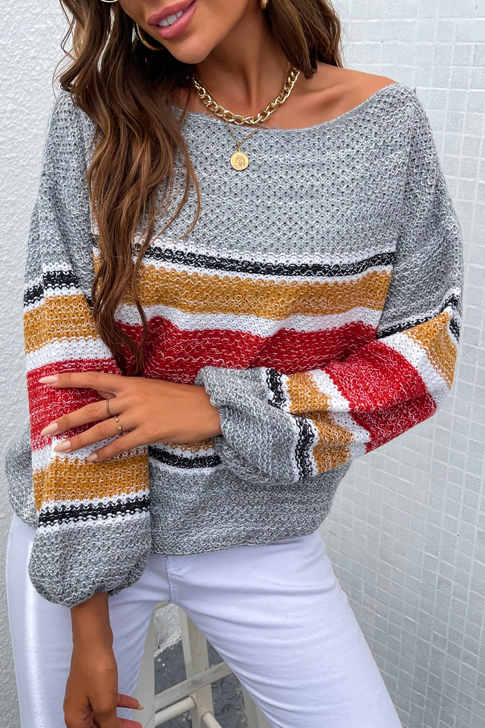 Striped Pattern Texture Knit Sweater