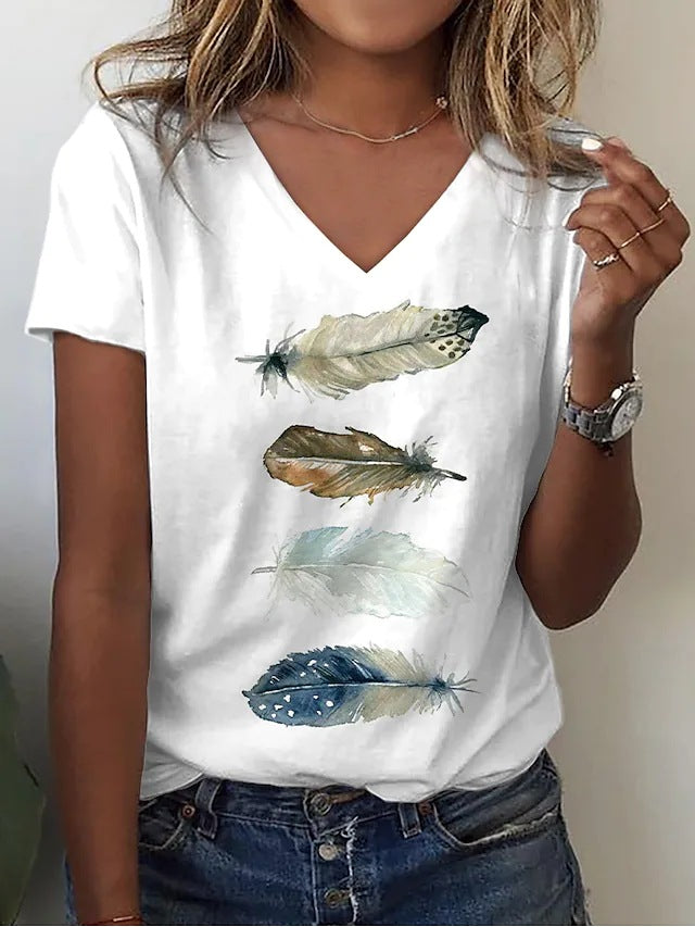 Women's T-shirt Feather Print Short Sleeve Casual