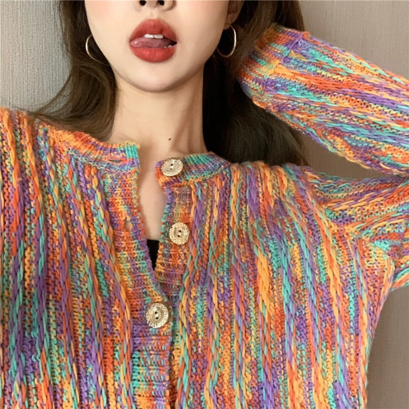 Slim Type Contrast Knit Rainbow Cardigan Sweater