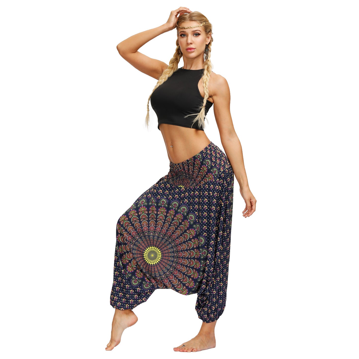 Boho Digital Print Fashion Women Yoga High Waist Wide Leg Bloomers