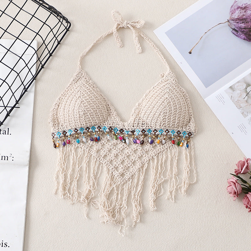 Versatile Fringed Crochet Suspender Sleeveless Knitted Top
