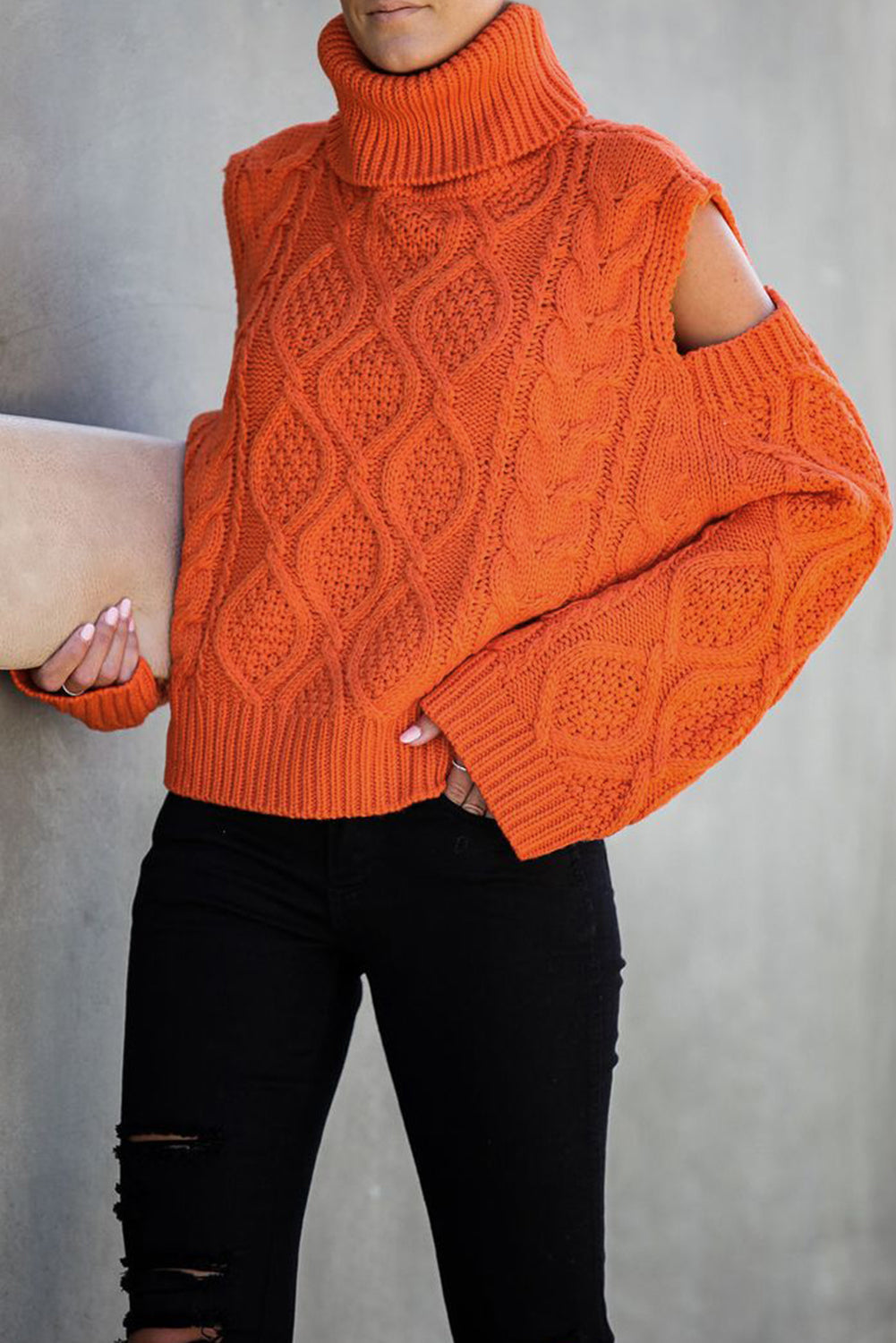 Turtleneck Cold Shoulder Textured Sweater