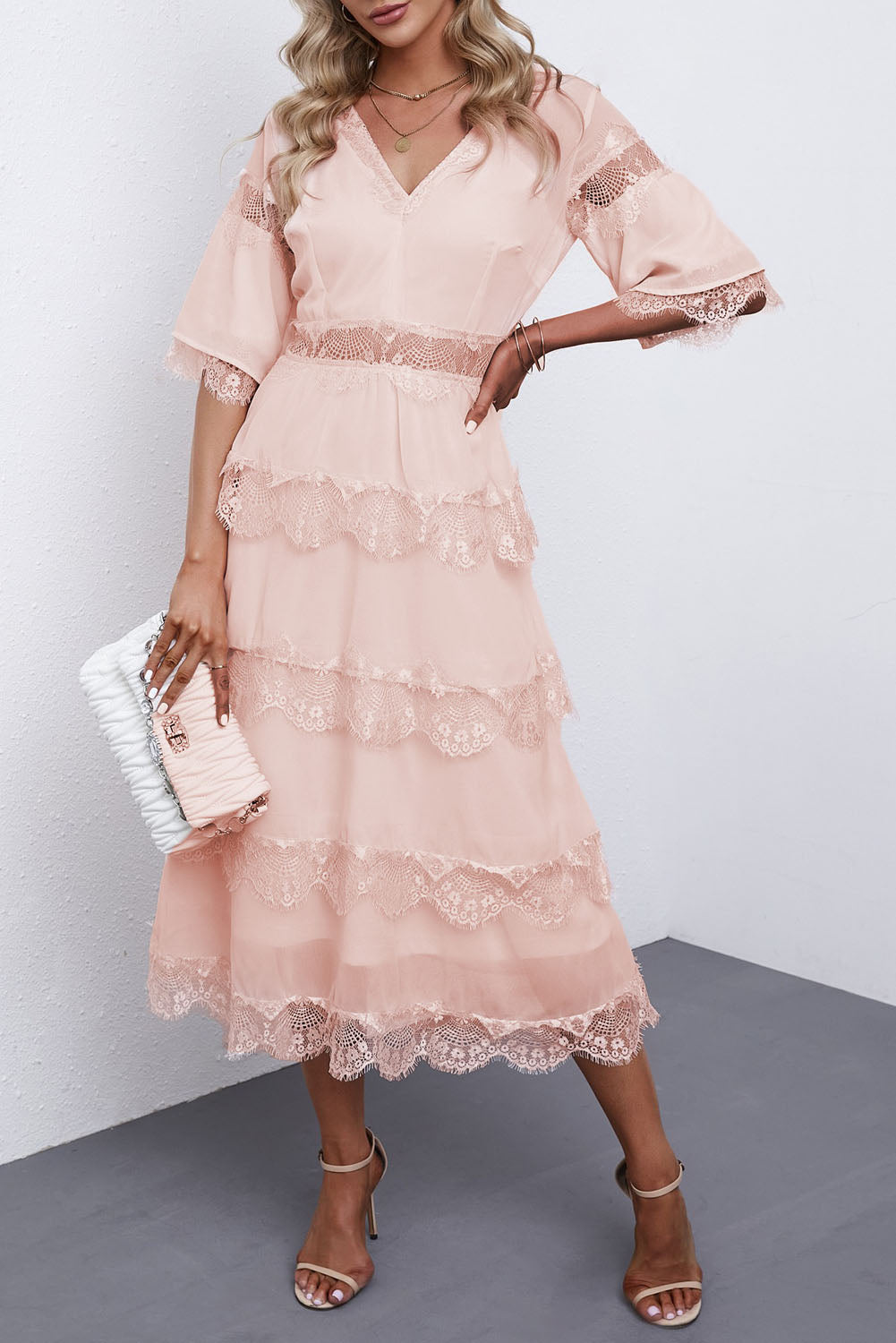 Swiss Dot Print See-through Lace Patch Layered Long Dress