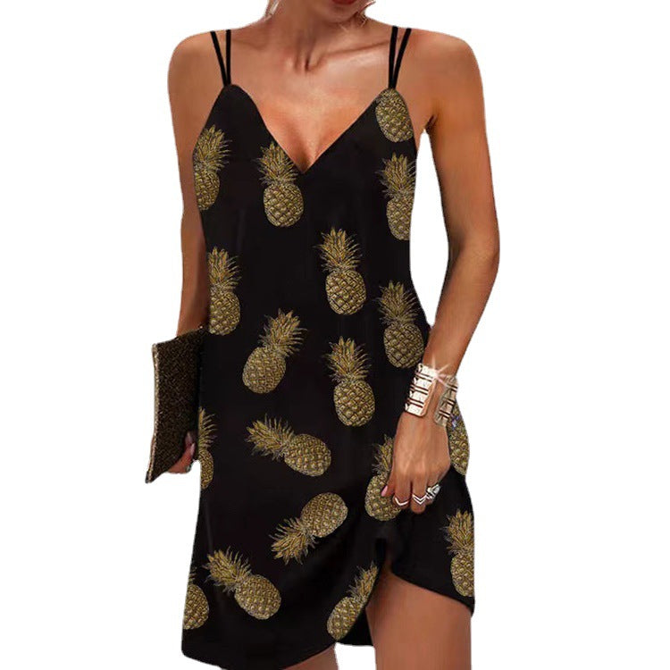 Seamless V-neck Printed Two-shoulder Suspender Dress For Women