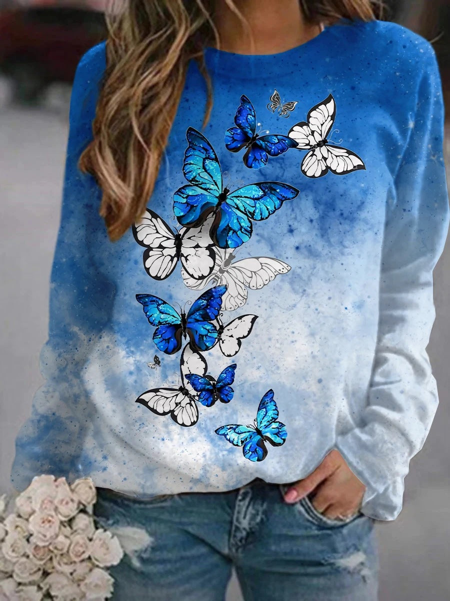 Floral Butterfly Round Neck Long Sleeve Sweatshirt Women T-shirt
