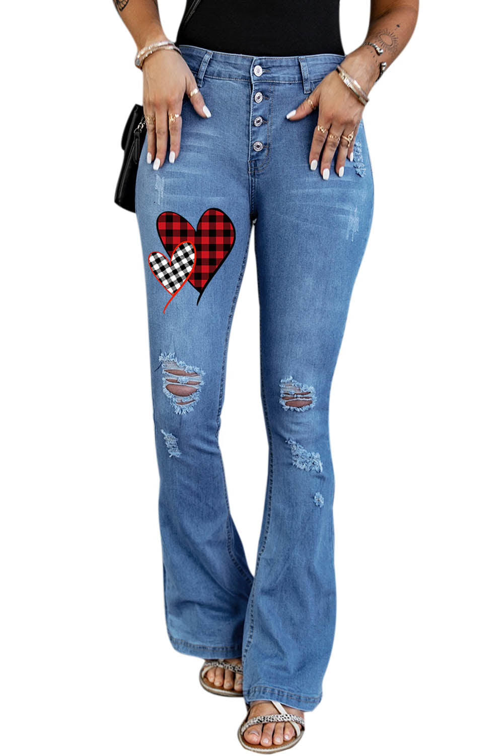 Dark Blue Mid Rise Button Front Flare Denim