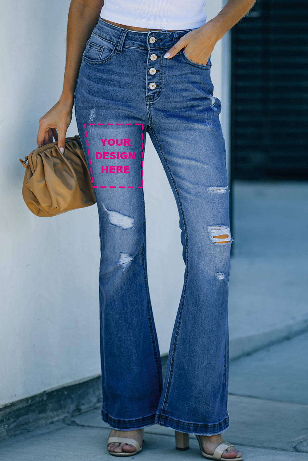 Dark Blue Mid Rise Button Front Flare Denim