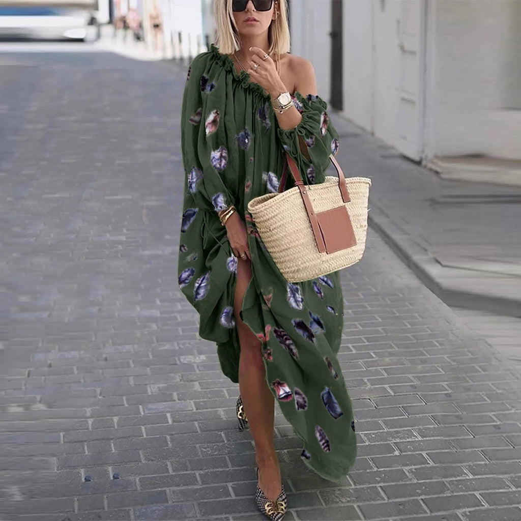 Fashion Feather Print One-Shoulder Swing Dress