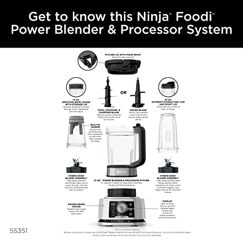 Ninja SS351 Foodi Power Blender & Processor System 1400 WP Smoothie Bowl Maker & Nutrient Extractor* 6 Functions for Bowls, Spreads, Dough & More, smartTORQUE, 72-oz.** Pitcher & To-Go Cups, Silver