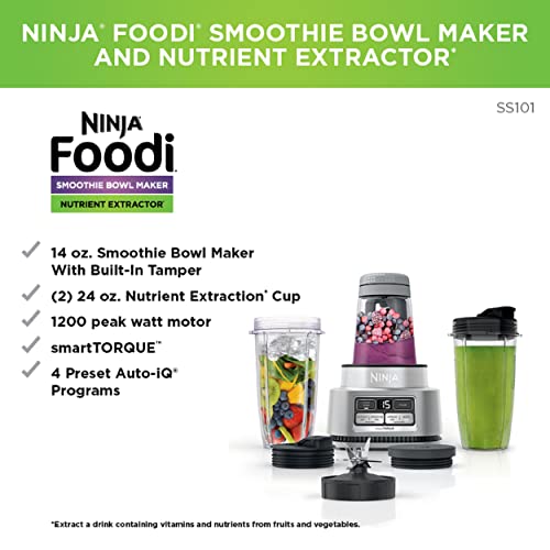Ninja SS351 Foodi Power Blender & Processor System 1400 WP Smoothie Bowl Maker & Nutrient Extractor* 6 Functions for Bowls, Spreads, Dough & More, smartTORQUE, 72-oz.** Pitcher & To-Go Cups, Silver
