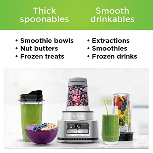 Ninja SS351 Foodi Power Blender & Processor System 1400 WP Smoothie Bowl Maker & Nutrient Extractor* 6 Functions for Bowls, Spreads, Dough & More, smartTORQUE, 72-oz.** Pitcher & To-Go Cups, Silver