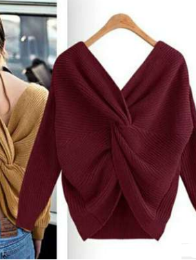 Large neckline V-neck halter head retro solid color sweater two wearing bat sweater coat