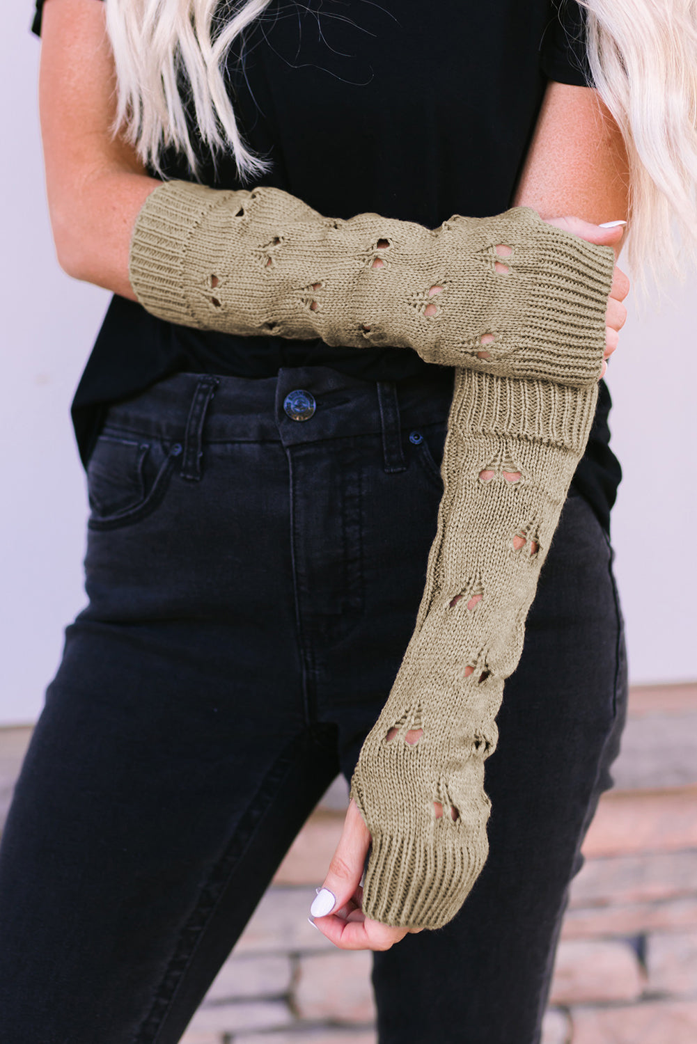 Khaki Hollow Out Heart Pattern Knitted Fingerless Gloves