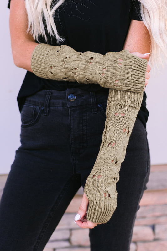 Khaki Hollow Out Heart Pattern Knitted Fingerless Gloves