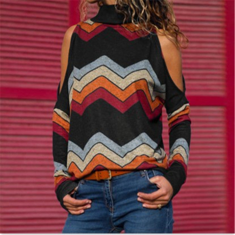 High collar leaking shoulder knit top