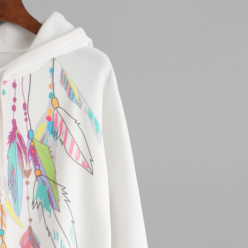 New Autumn Womens Pattern Hoody Dreamcatcher Feather Print Long Sleeve Hoodie Pullover Thin Sweatshirt Hooded Tops Blouse