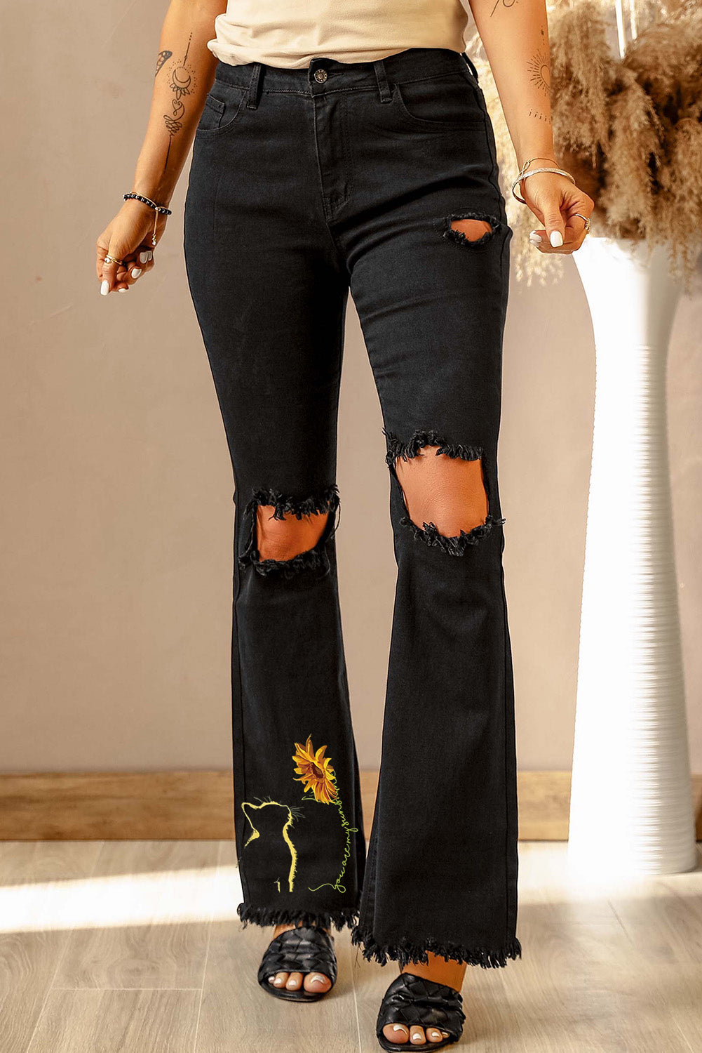 High Waist Ripped Bell Bottom Jeans