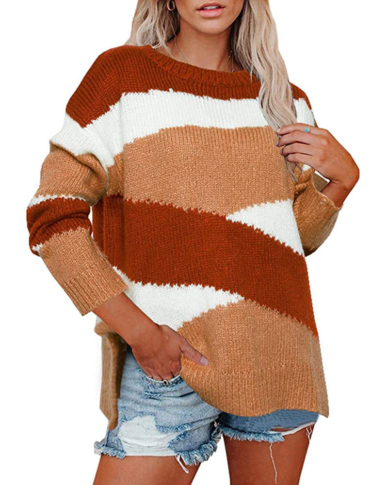 Women's loose knit sweater with irregular stripes