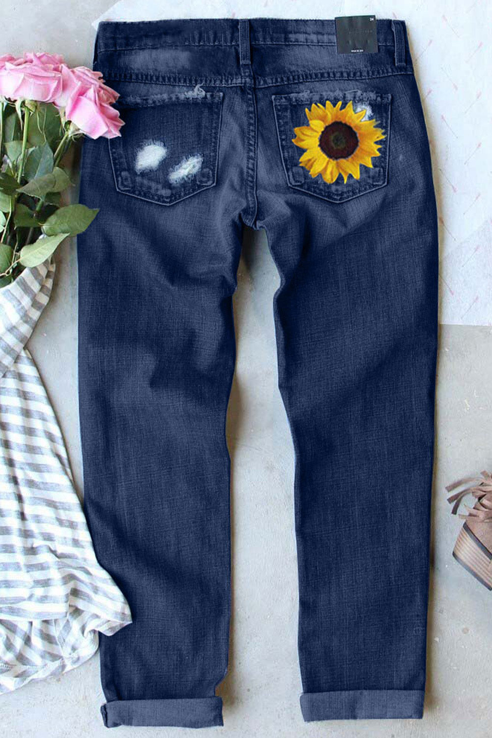 Sunflower Leopard Pattern Patchwork Distressed Jeans