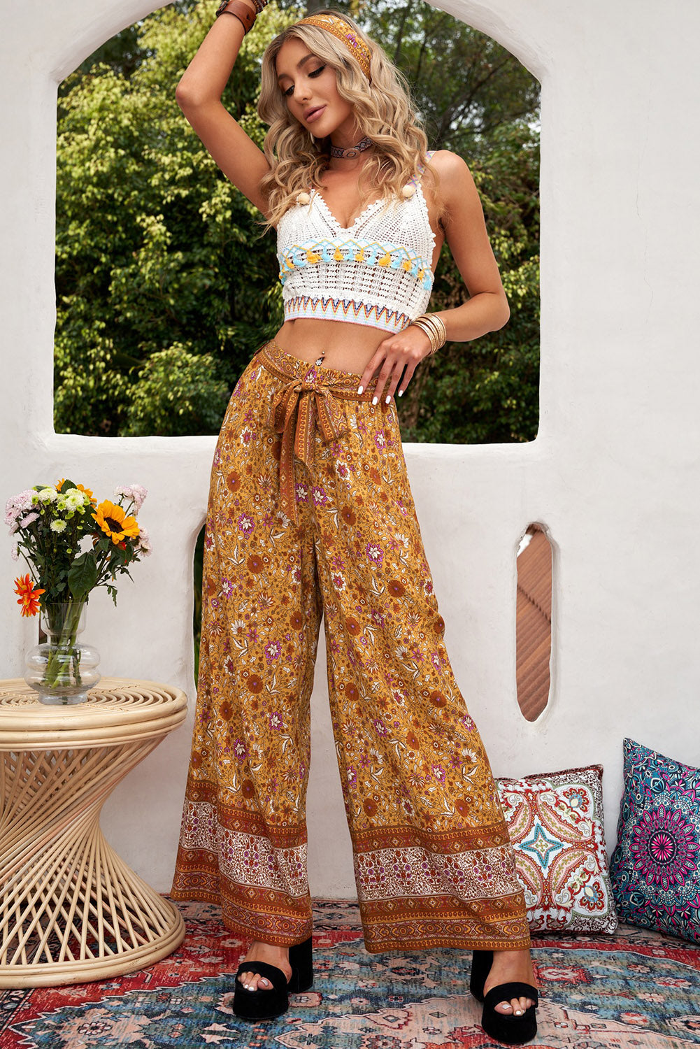 Boho Floral Print Wide Leg Casual Pants with Tie