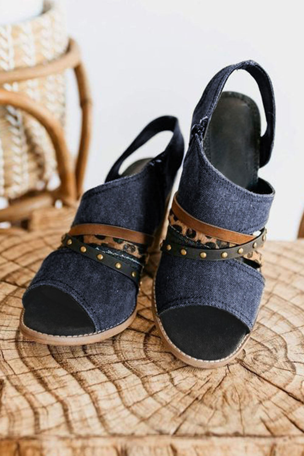 Wedged Rivet Patchwork Peep Toe Denim Sandals