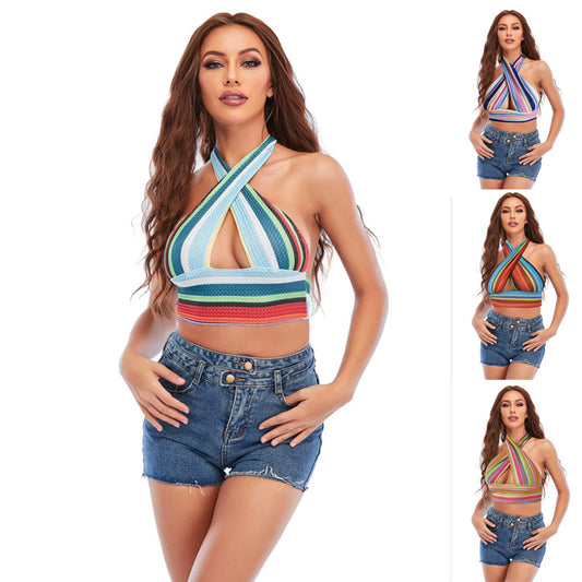 Colorful Halter Sleeveless Slim Fit Knit Crossover Top