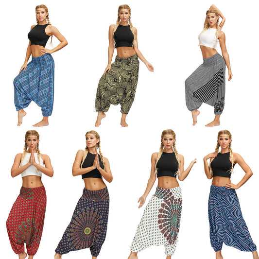 Boho Digital Print Fashion Women Yoga High Waist Wide Leg Bloomers