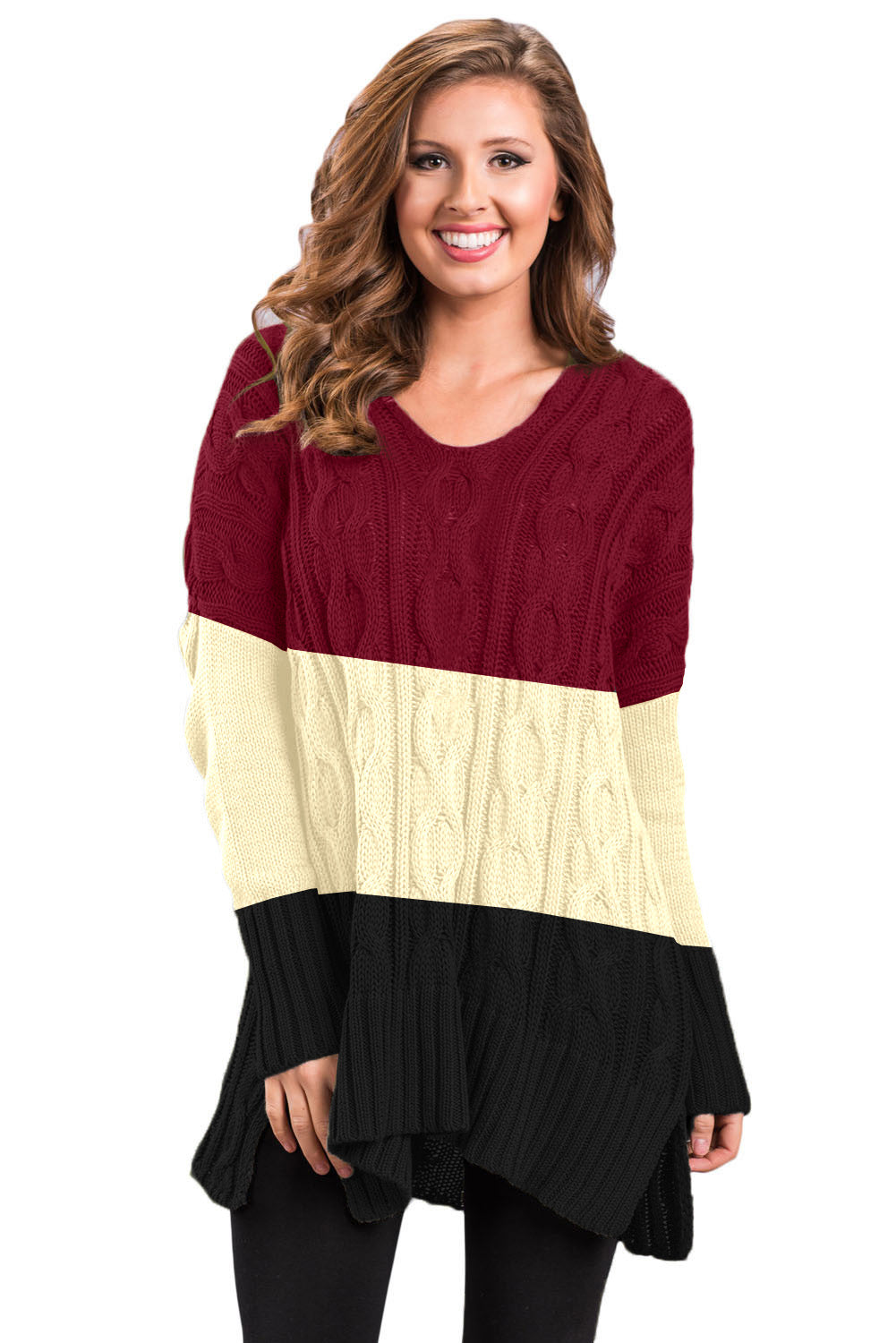 Colorblock Cable Knit Sweater with Slits