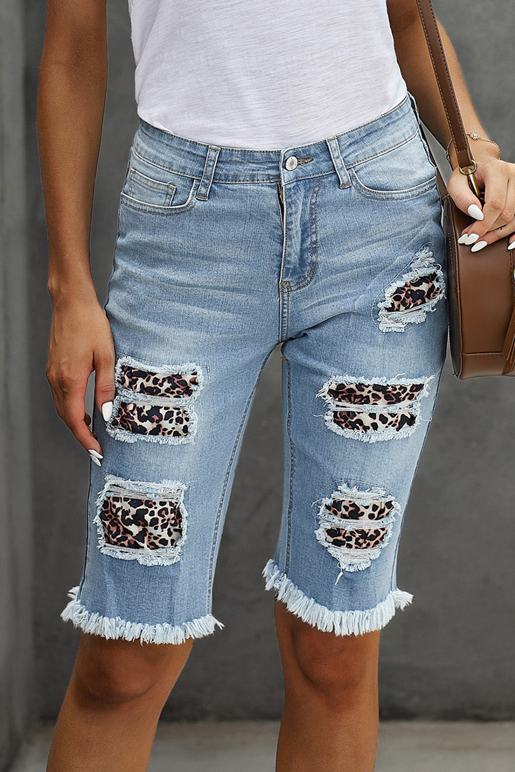 Mid-rise Ripped Camo Patches Denim Bermuda Shorts