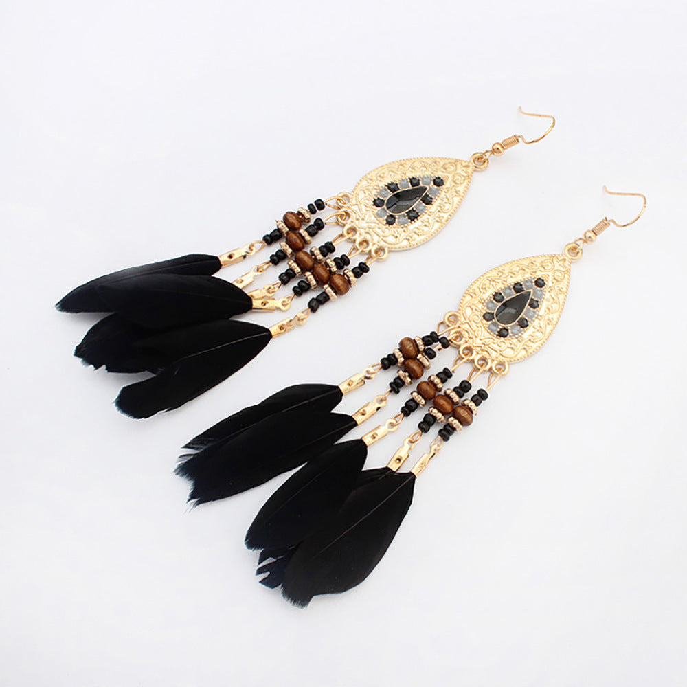 European and American feather tassel earrings female Bohemian long earrings national wind Ruili earrings
