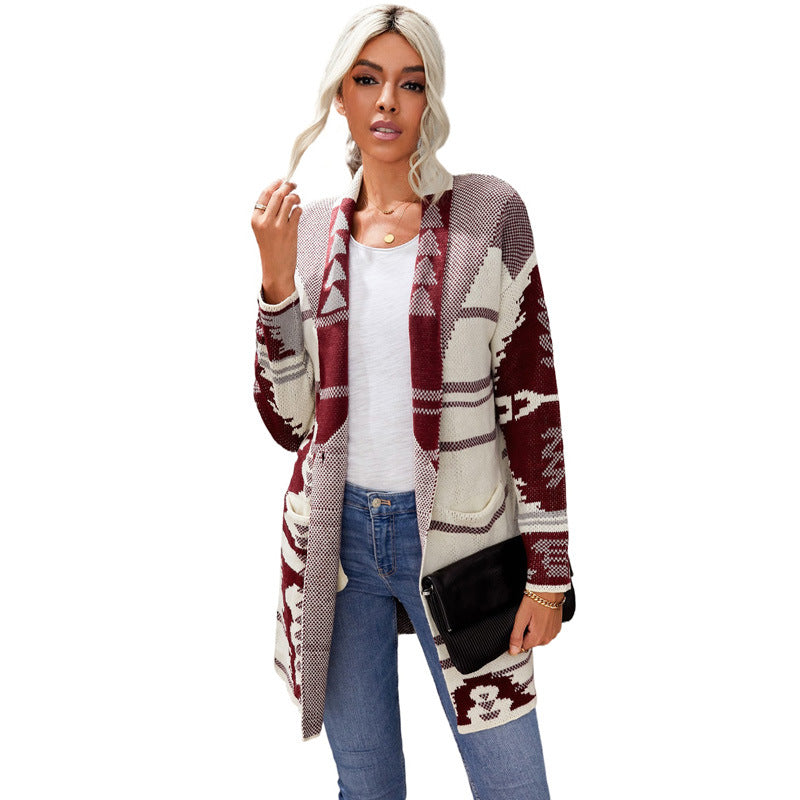 Long Printed Button Cashmere Knitted Cardigan Top Women