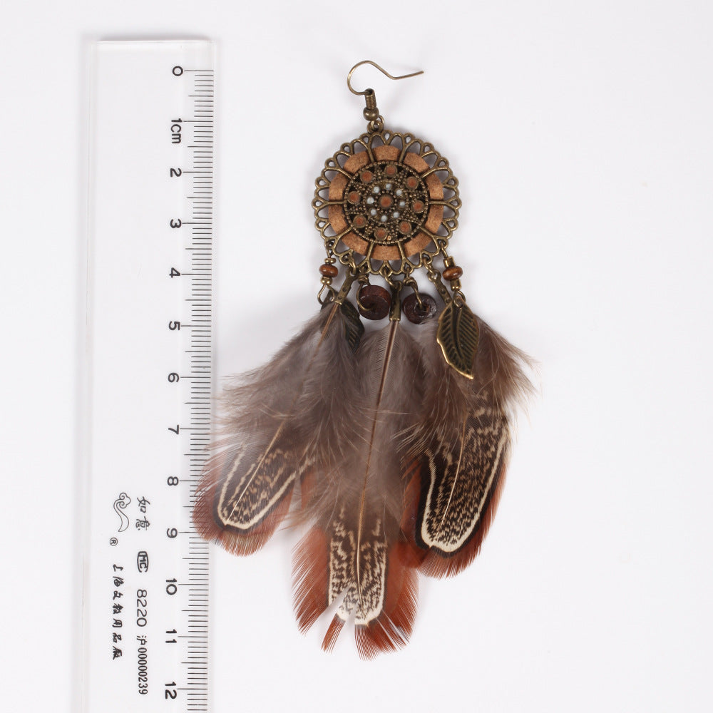 Feather Earrings Round Cutout Rope Blade Pendant Brown Feather Earrings