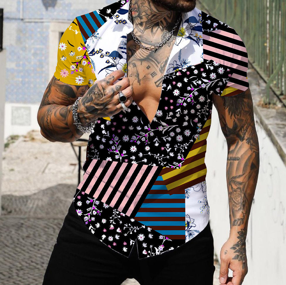 Men's 3D Digital Geometric Printed Short-sleeved Shirt